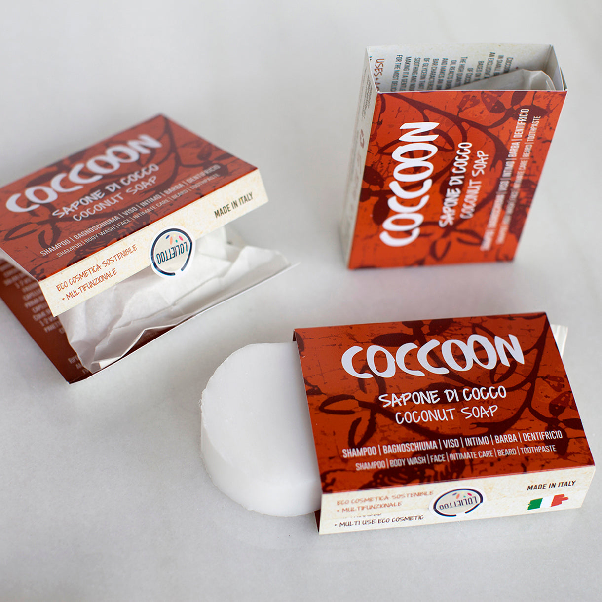 Confezioni di sapone solido Coccoon parzialmente scartate