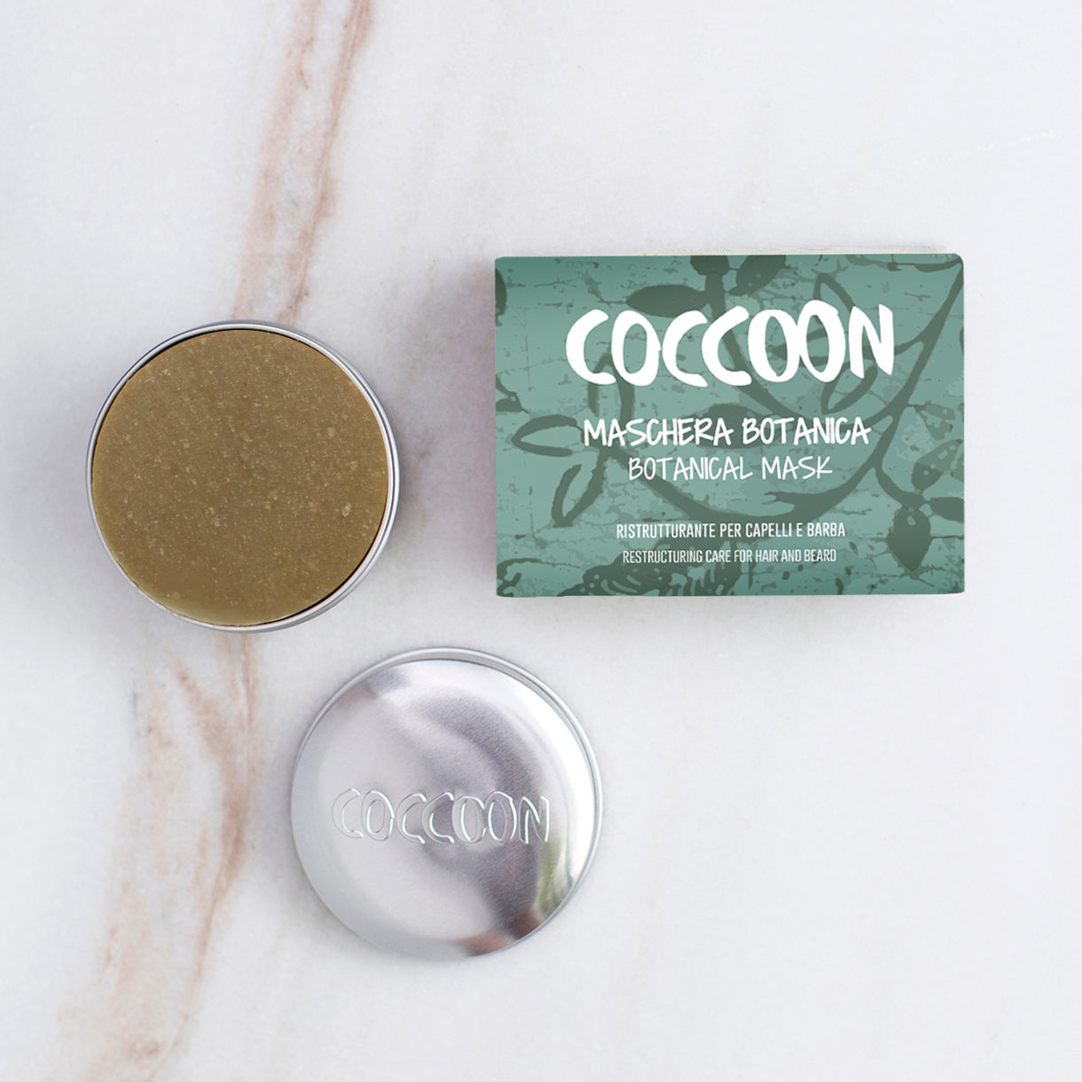 Confezione di maschera botanica Coccoon con panetto nudo inserito nel porta solidi Coccoon in alluminio